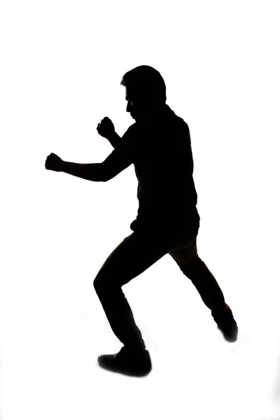 Man Making Martial Arts Gestures Training Karate Positions Shadows Silhouette — Stock Photo, Image