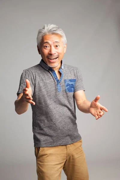 Middle Aged Man Asian Origin Specifically Japanese Making Gestures Expressions — Stock Photo, Image