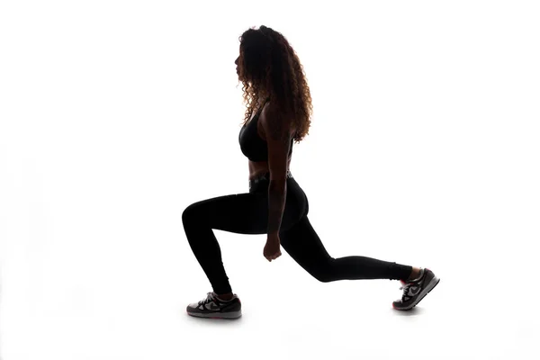 Chica Haciendo Ejercicios Tablas Gimnasia Entrenador Personal Silueta Negra Sobre — Foto de Stock