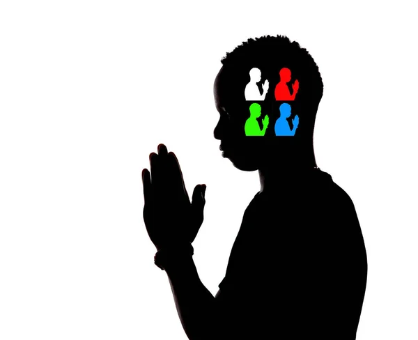 Jovem Rezando Com Mãos Juntas Pose Oração Clássica Imagem Oração — Fotografia de Stock