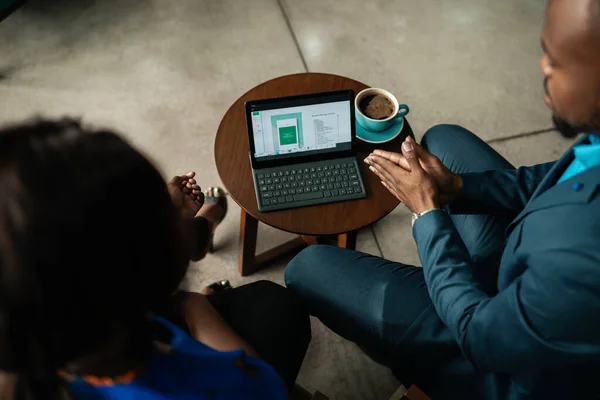 Two African Businesspeople Discussing Project Together Digital Tablet Casual Meeting — Stock Photo, Image