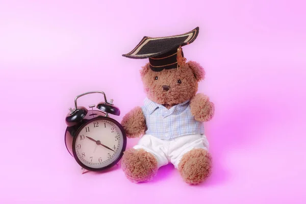 Jam Alarm Antik Dengan Boneka Beruang Atas Latar Belakang Merah — Stok Foto