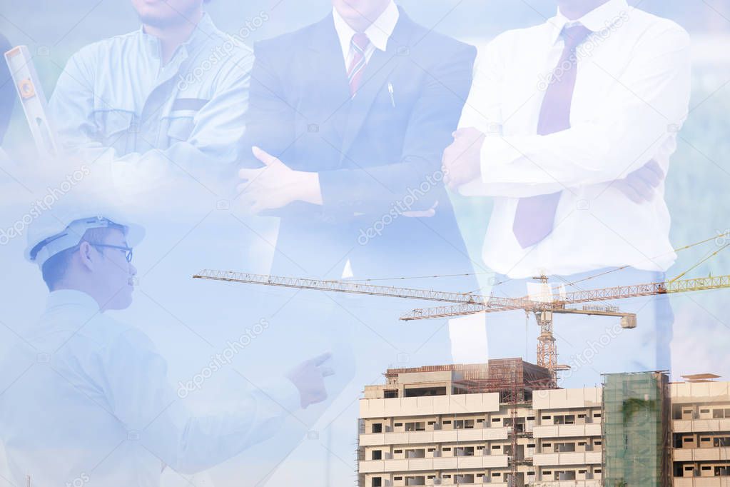 Engineering team and business in construction site and building as double exposure