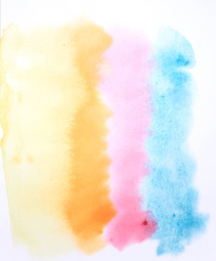 Pastel ve açık renkte arka plan ve doku olarak beyaz kağıt üzerinde suluboya el boyama. Pembe, sarı, turuncu, mavi, yeşil mor, Prusya Mavisi, Kuru ve ıslak ıslak tekniği ve fırça inme üzerinde ıslak ile Cerulene mavi Illustration