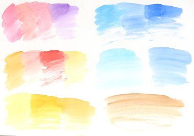 Pastel ve açık renkte arka plan ve doku olarak beyaz kağıt üzerinde suluboya el boyama. Pembe, sarı, turuncu, mavi, yeşil mor, Prusya Mavisi, Kuru ve ıslak ıslak tekniği ve fırça inme üzerinde ıslak ile Cerulene mavi Illustration