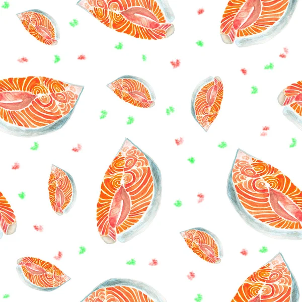 Pezzi Salmone Disegnati Mano Sfondo Bianco — Foto Stock