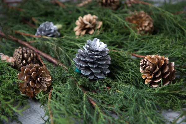 Closeup Pine Branch Cones Christmas Decoration — Stock Photo, Image