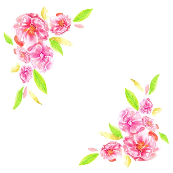 Ręcznie Rysowane Kwiaty Wieniec Zielonymi Liśćmi — Zdjęcie stockowe
