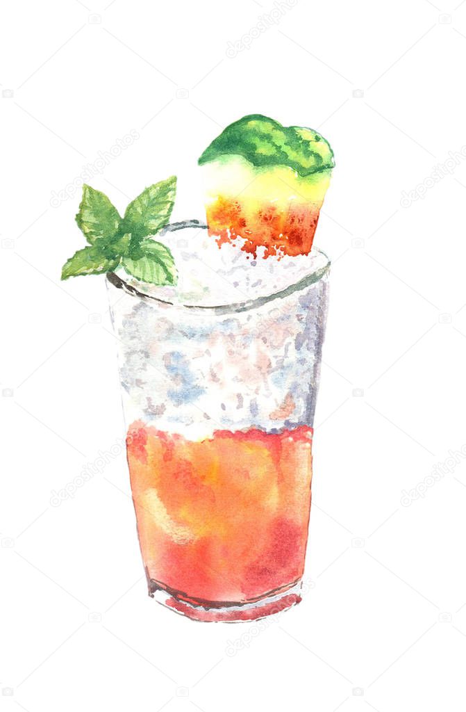 Illustration of fresh cut red watermelon juice on ice cocktail with green herb on tall glass for summer cold beverage - hand watercolor painting isolated on white background