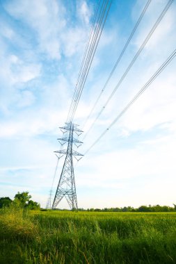 Ülkede mavi gökyüzünde teller, beyaz bulutlar ve yeşil doğada parlak bir gün ile elektrik hatları kutup