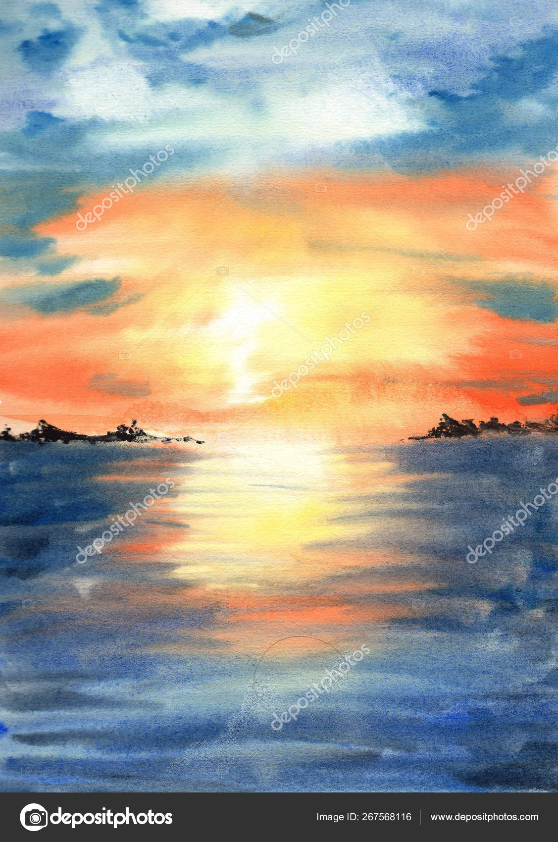 Закат Рассвет Неба Моря Спокойной Кожей Воды Океана Далеким Холмом.