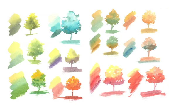 树木在多种颜色的泛色调和许多形状在品种的季节 夏主题植物手工水彩画 — 图库照片
