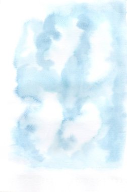 Mavi gökyüzü ve beyaz bulut, kağıt üzerinde suluboya el resmi. Gün içinde açık gökyüzünde parlak ve beyaz bir bulut