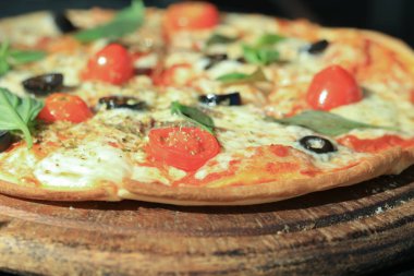 Ançüez, leziz bir pizza, tuzlu balıklı İtalyan yemeği, siyah zeytin, kırmızı domates, parmesan peyniri ve kekik otu karışımı.