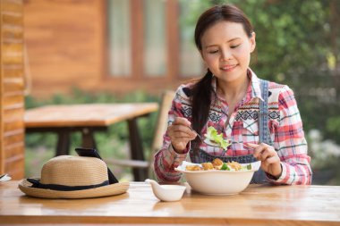 Asyalı kadın sağlıklı salatasının tadını çıkarıyor. Bahçedeki büyük beyaz kasede kıtır kıtır salata yiyor.