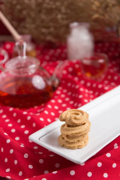 Teekanne Und Teetasse Auf Holztisch Mit Honig Und Zucker Mag — Stockfoto