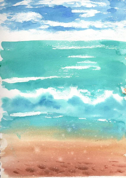 水彩手描きで夏の昼間の海 海と砂 紙本手描きによるビーチと海のイラスト — ストック写真