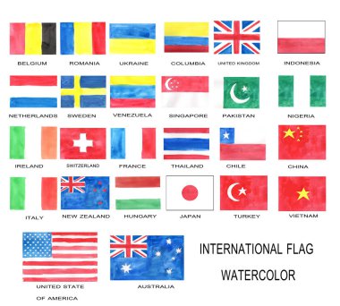 Uluslararası bayrakların suluboyası Belçika, Romanya, Ukrayna, Kolombiya, Birleşik Krallık, Amerika Birleşik Devletleri, Tayland, Çin gibi bayraklar içerir. Amerika 'da, Asya' da, Avrupa 'da. Dünyanın her yerinde bayrak.