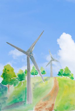 Tepede rüzgar türbini ve mavi gökyüzü çevre dostu. Oyuncak rüzgar türbiniyle suluboya boyayla temiz enerji fikri. Rüzgâr enerjisi kavramı ile enerji tasarrufu