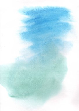 Islak yeşil ve mavi renkli suluboya arkaplan. Arka plan için yumuşak doku. Kağıt üzerinde el boyası