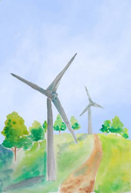 Tepede rüzgar türbini ve mavi gökyüzü çevre dostu. Oyuncak rüzgar türbiniyle suluboya boyayla temiz enerji fikri. Rüzgâr enerjisi kavramı ile enerji tasarrufu