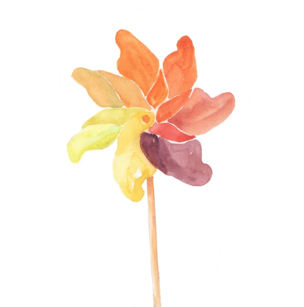 木材やプラスチック玩具として黄色の日陰風力タービン 子供のおもちゃは風によって回転する 木で作られた棒 虹のテーマで風力タービンの多くの色の葉 暖色で水彩画手描き — ストック写真