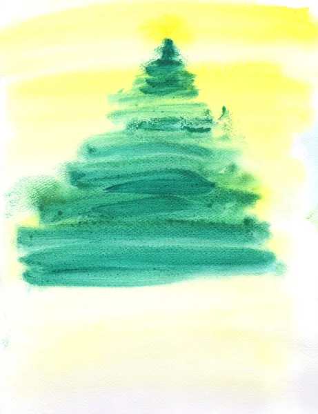Árbol Navidad Acuarela Pintura Mano Cielo Azul Escena Nocturna Con — Foto de Stock