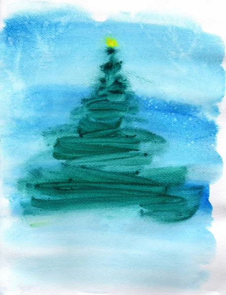 Різдвяний Акварельний Живопис Блакитному Небі Нічна Сцена Світлим Прикрасом Веселого — стокове фото