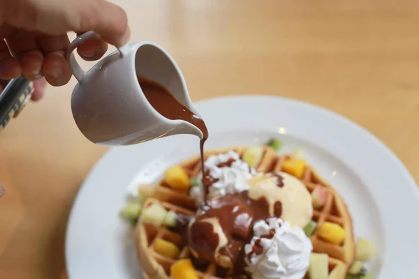 Chocolate Waffle Ice Cream Whipped Cream Chocolate Sacue Toppig Watering — Stock Photo, Image