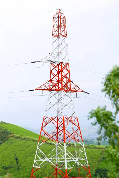 Pólo Eletricidade Aço Vermelho Branco Linha Eletrônica Pole Station Com — Fotografia de Stock