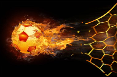 Futbol topu ateş üzerinde izole siyah arka plan.