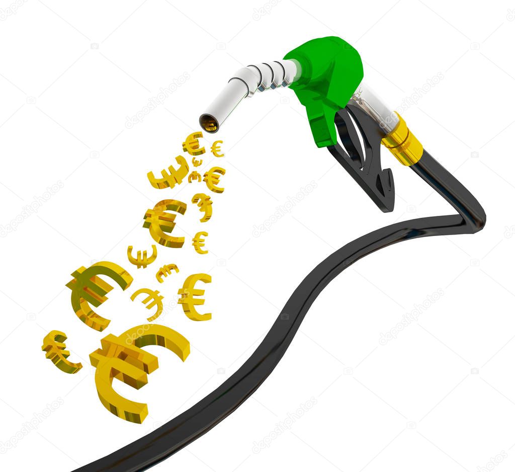 nozzle pumping gasoline in a tank, of fuel nozzle pouring gasoline over white background, nozzle pumping a gasoline fuel liquid in a tank of oil industry, 