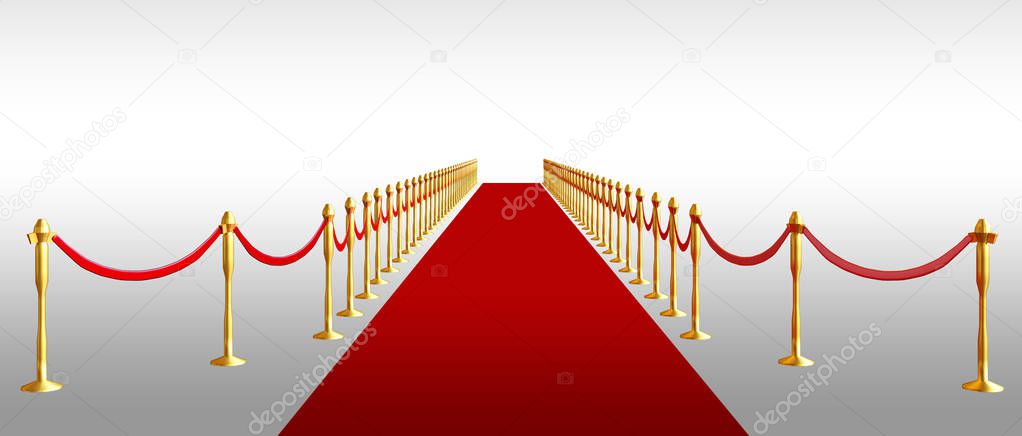 red carpet ceremonial vip event or head realistic image with gold barriers. 3D rendering.