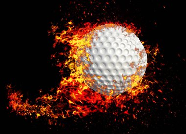 Golf topu ateş üzerinde izole siyah arka plan. 3D render