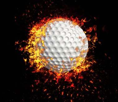 Golf topu ateş üzerinde izole siyah arka plan. 3D render