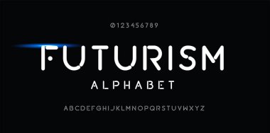 Fütürizm alfabesi. Dekoratif alfabe yazı tipleri ve numaraları. İnce segment yazı tipi, minimalist yazı tipi. Logolar için tipografi tasarımı, kapak, vb. Kolayca Düzenlenebilir Vektör. EPS 10.