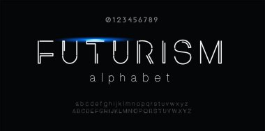 Fütürizm alfabesi. Dekoratif alfabe yazı tipleri ve numaraları. İnce segment yazı tipi, minimalist yazı tipi. Logolar için tipografi tasarımı, kapak, vb. Kolayca Düzenlenebilir Vektör. EPS 10.