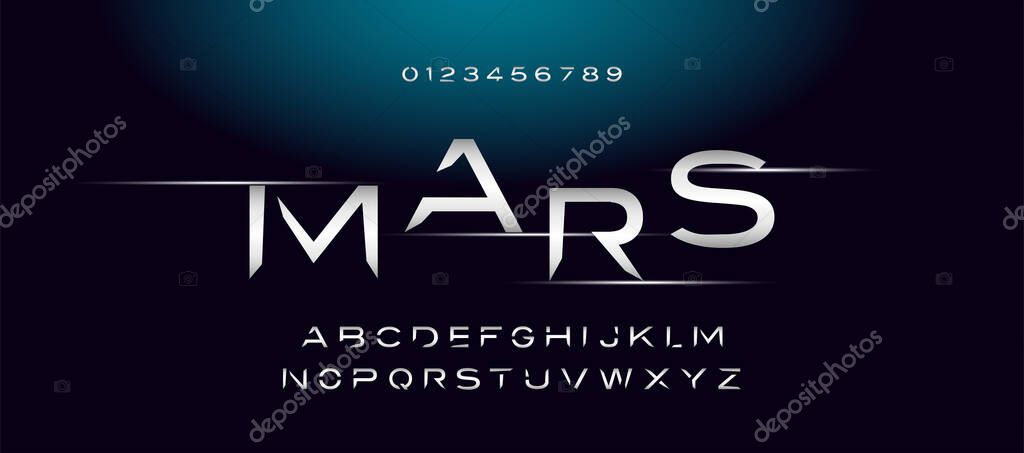Modern space style typeface, techno effect logo designs. Typography digital space concept. Alphabet letters and numbers vector illustration.