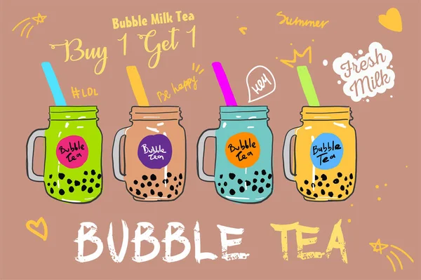 Bubble Milch Tea Pearl Milch Tea Verschiedene Arten Von Boba — Stockvektor
