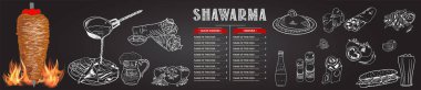 Kebap pişirme ve kebap malzemesi. Fast food menü tasarım elemanları. Shawarma eli çizilmiş. Orta doğu yemekleri. Vektör.