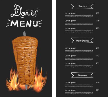Kebap pişirme ve kebap malzemesi. Fast food menü tasarım elemanları. Shawarma eli çizilmiş. Orta doğu yemekleri. Vektör.