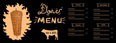 Kebap pişirme ve kebap malzemesi. Fast food menü tasarım elemanları. Shawarma eli çizilmiş. Orta doğu yemekleri. Vektör.