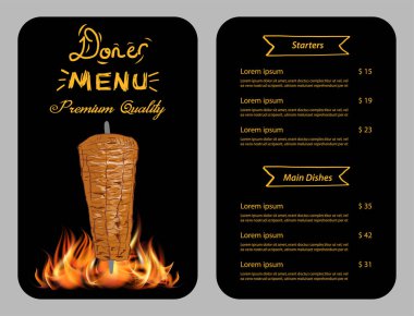 Kebap pişirme ve kebap malzemesi. Fast food menü tasarım elemanları. Shawarma eli çizilmiş. Orta doğu yemekleri. Vektör.
