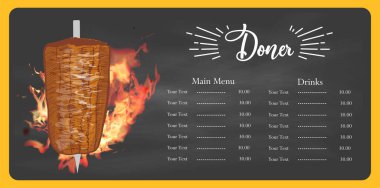 Kebap pişirme ve kebap malzemesi. Fast food menü tasarım elemanları. Shawarma eli çizilmiş. Orta doğu yemekleri. Vektör.