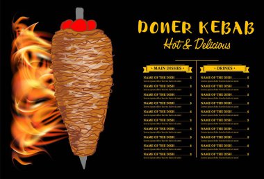 Kebap pişirme ve kebap malzemesi. Fast food menü tasarım elemanları. Shawarma eli çizilmiş. Orta doğu yemekleri. Vektör.