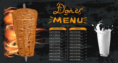 Kebap pişirme ve kebap malzemesi. Fast food menü tasarım elemanları. Shawarma eli çizilmiş. Orta doğu yemekleri. Vektör.
