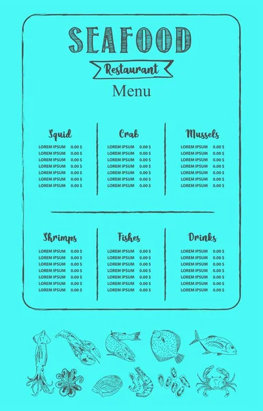 餐馆和咖啡店的海鲜菜单 食品粉笔板店 复古菜单餐厅海报 设计带有手绘图解的模板 — 图库矢量图片