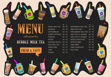 Köpüklü süt çayı, Pearl sütlü çay, farklı türde Boba. Lezzetli içecekler. Lezzetli tapyokalı reklamlar. Retro Menü Restoran posteri. Vektör. 