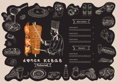Kebap pişirme ve kebap malzemeleri, Arap mutfağı. Fast food menü tasarım elemanları. Shawarma el çizimi çerçeve. Orta doğu yemekleri. Türk yemeği. İllüstrasyon - Vektör.