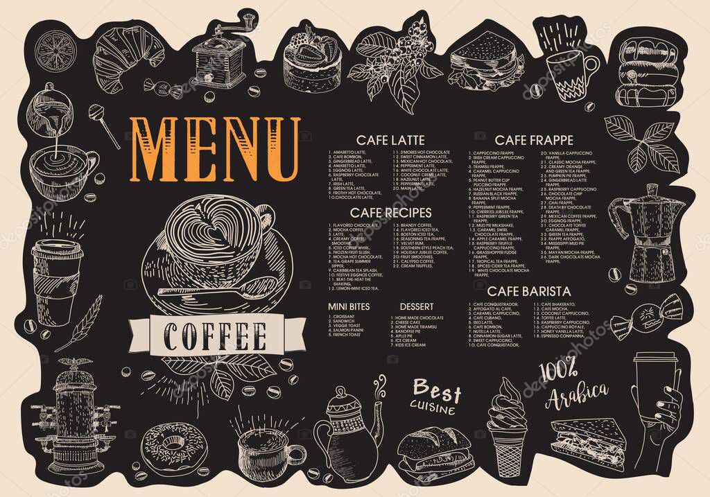 Coffee house menu. Restaurant cafe menu, template design. Food flyer. Layout with vintage lettering and frame of hand-drawn graphic sweets. Vector.